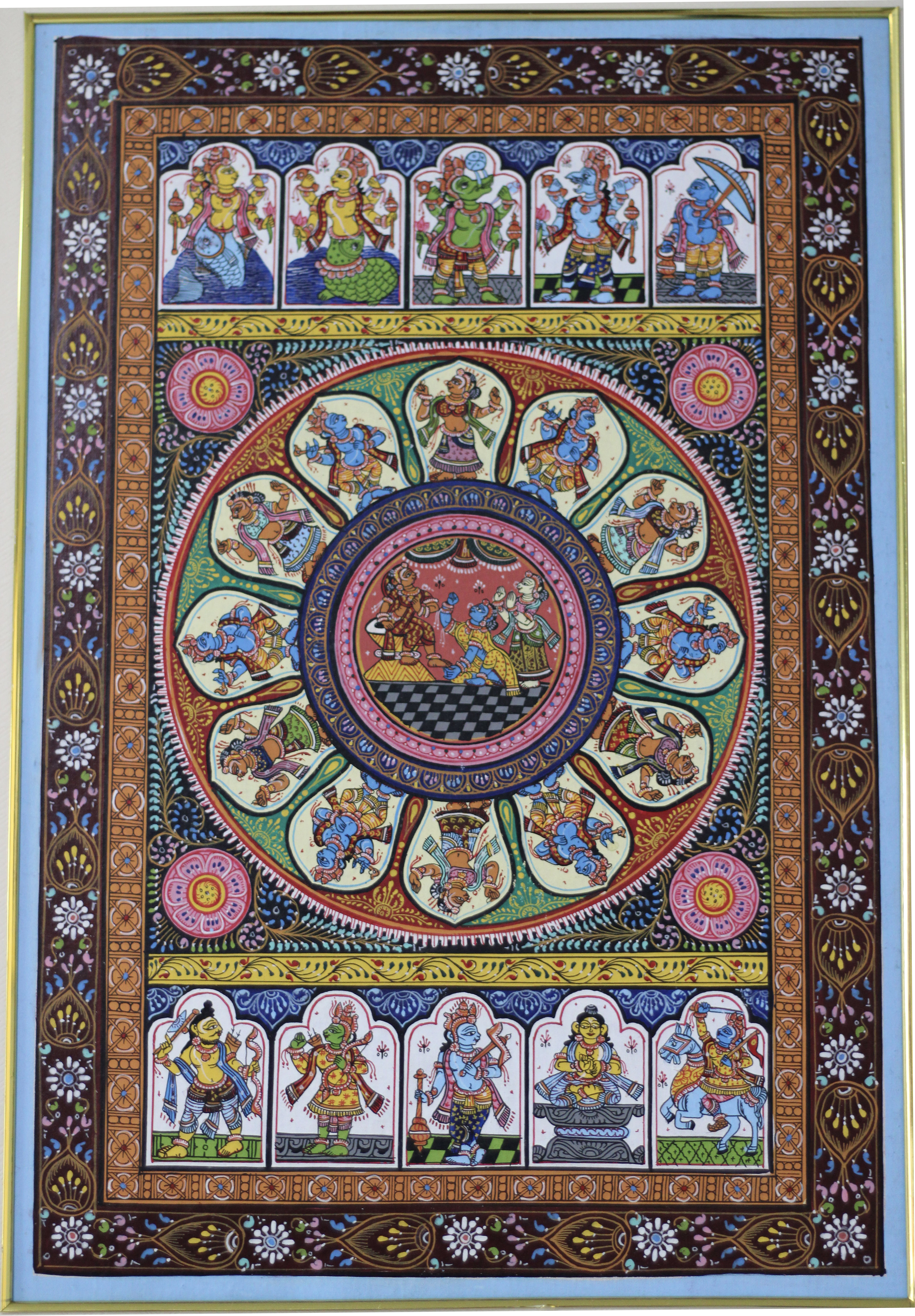 Colorful Dasavtar Pattachitra painting with a circular story scene and detailed border