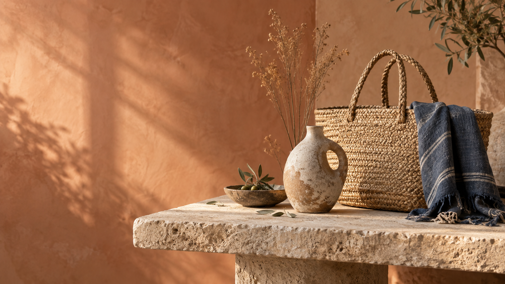 Handwoven basket, stoneware vase, and indigo linen in warm afternoon light
